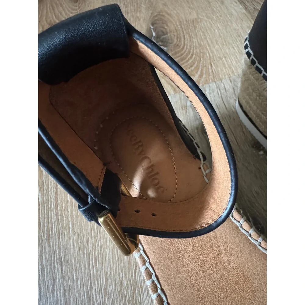 See By Chloe NWOT Glyn Black Leather Platform Espadrilles Wedge Sandals‎ Size 36
